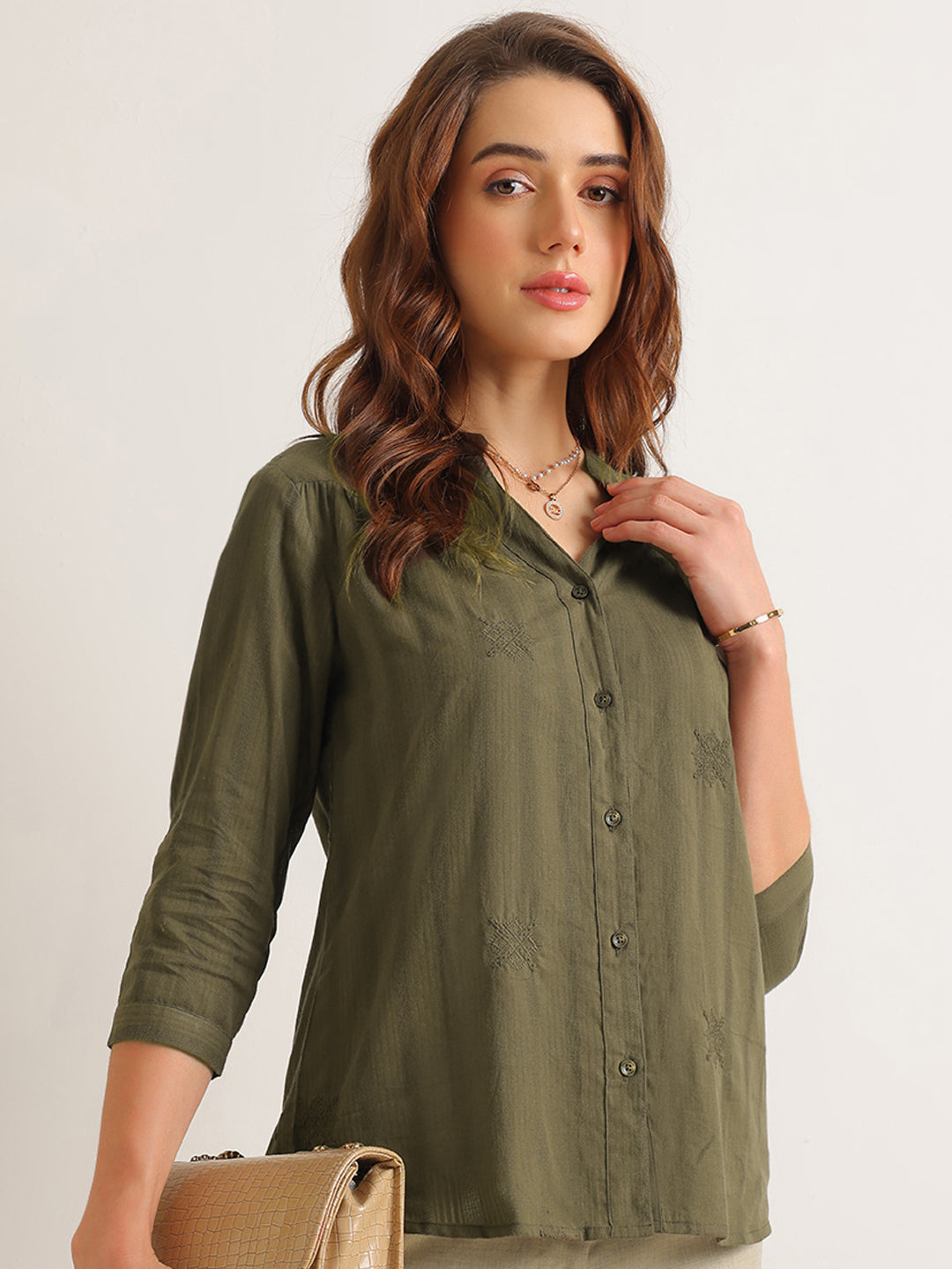 Hancock   Women   Olive   Solid Self Design   Pure Cotton   Regular Fit   Formal   Shirt