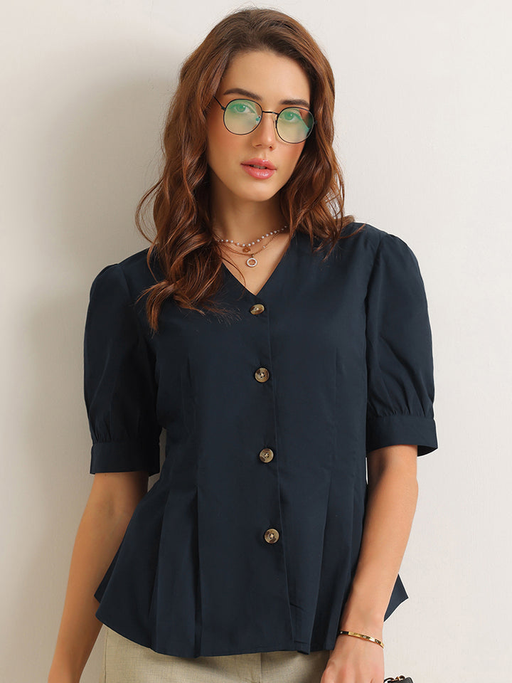 Hancock   Women   Navy Blue   Solids   Pure Cotton   Regular Fit   Formal   Shirt