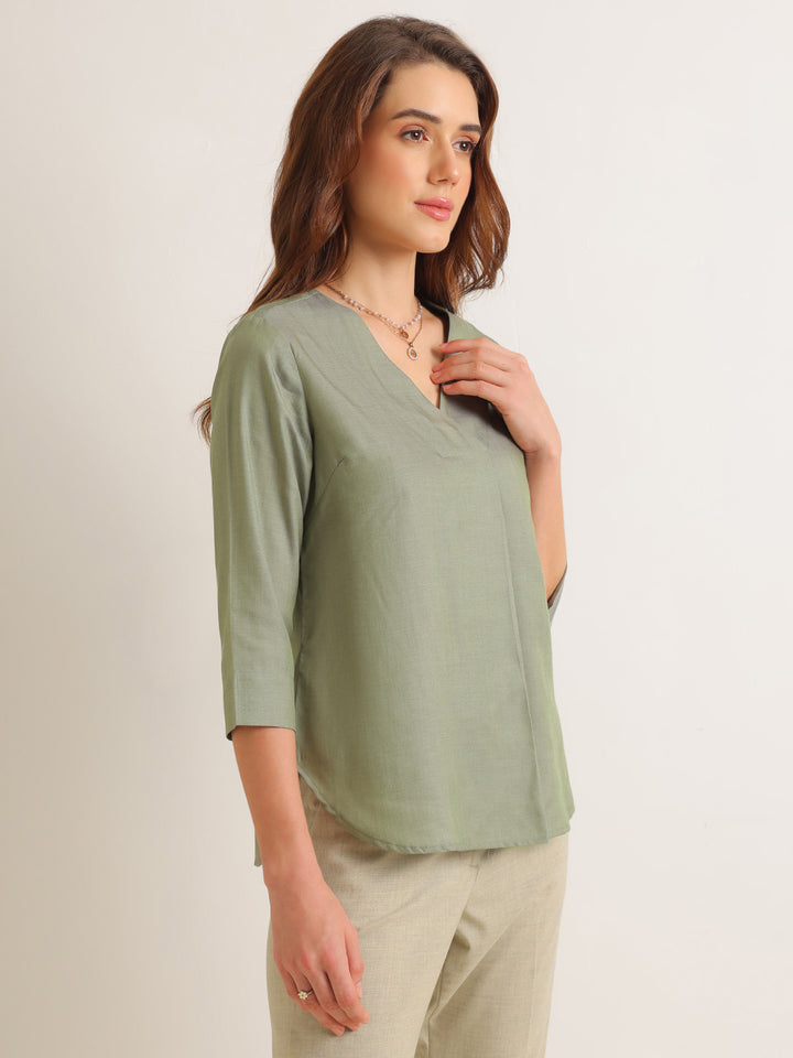 Hancock   Women   Sage Green   Solids   Lyocell   Regular Fit   Formal   Top