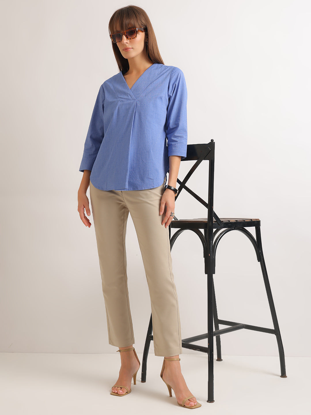 Hancock   Women   Blue   Solids   Pure Cotton   Regular Fit   Formal   Top