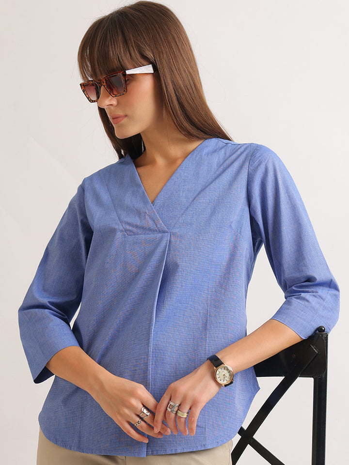 Hancock   Women   Blue   Solids   Pure Cotton   Regular Fit   Formal   Top