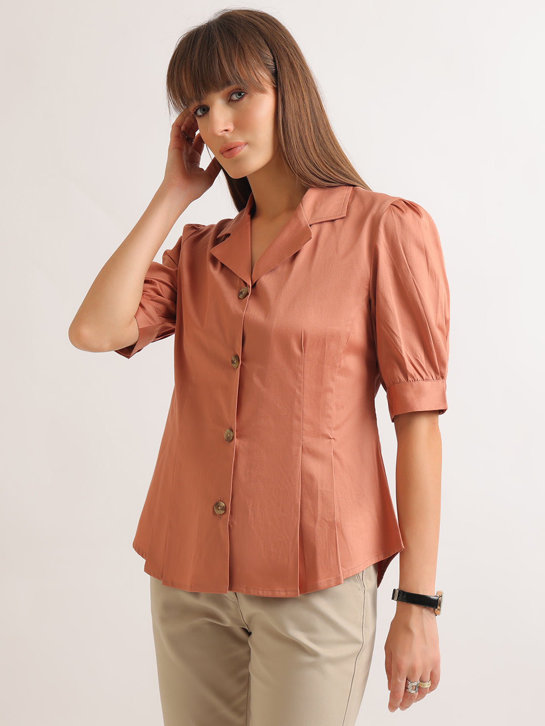 Hancock   Women   Peach   Solids   Pure Cotton   Regular Fit   Formal   Shirt