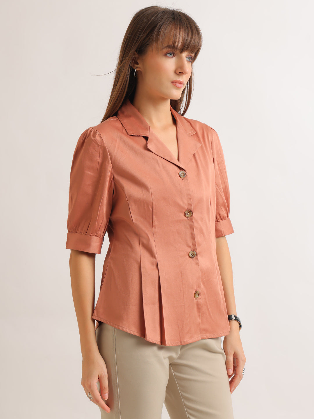 Hancock   Women   Peach   Solids   Pure Cotton   Regular Fit   Formal   Shirt