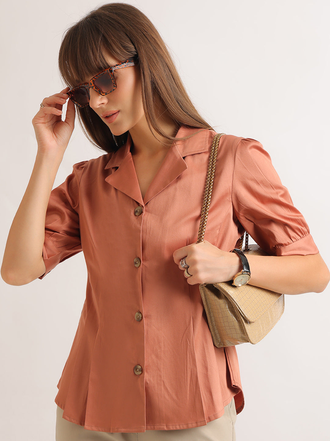 Hancock   Women   Peach   Solids   Pure Cotton   Regular Fit   Formal   Shirt