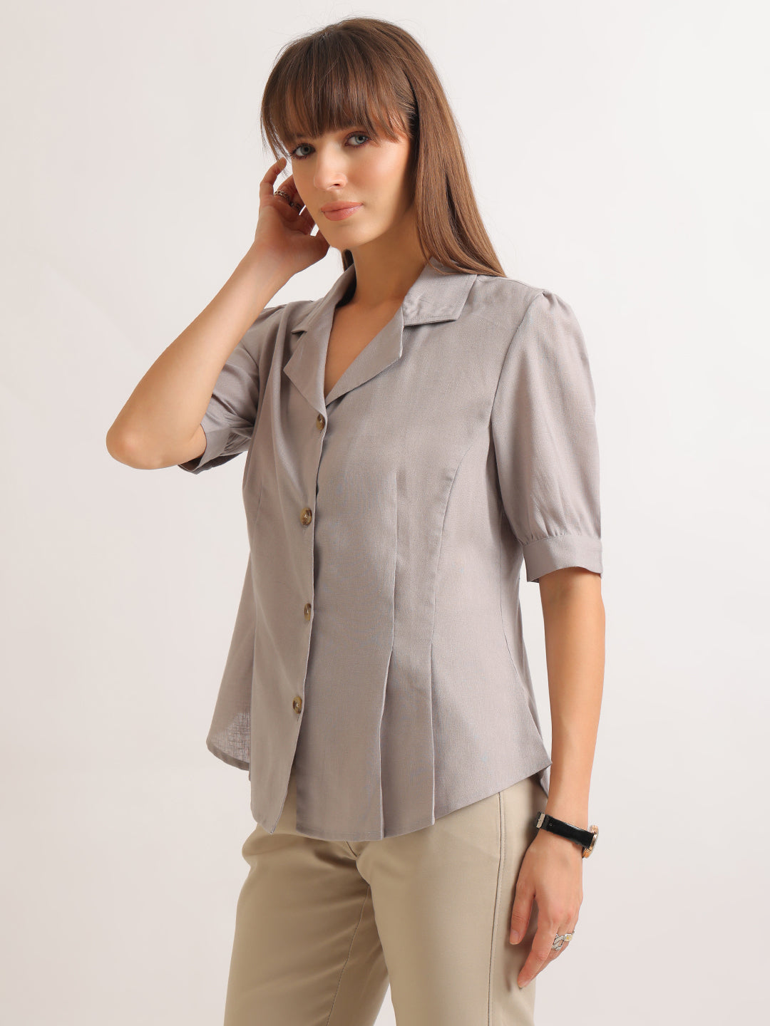 Hancock   Women   Smoke Grey   Solids   Pure Cotton   Regular Fit   Formal   Shirt