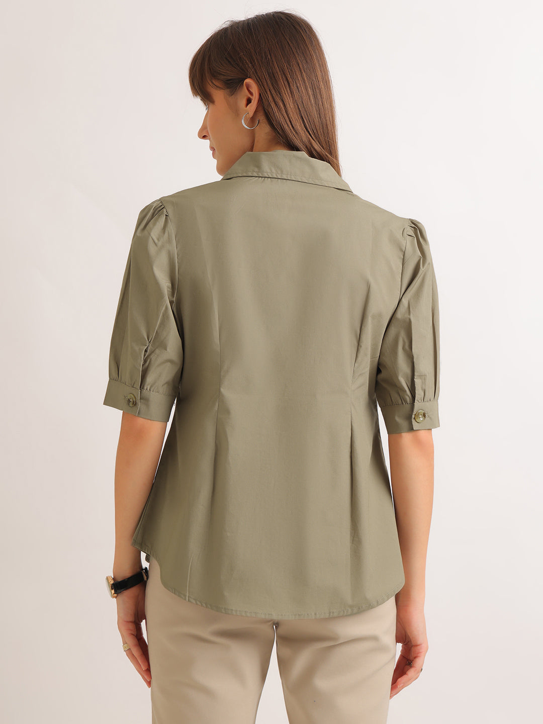 Hancock   Women   Olive   Solids   Pure Cotton   Regular Fit   Formal   Shirt