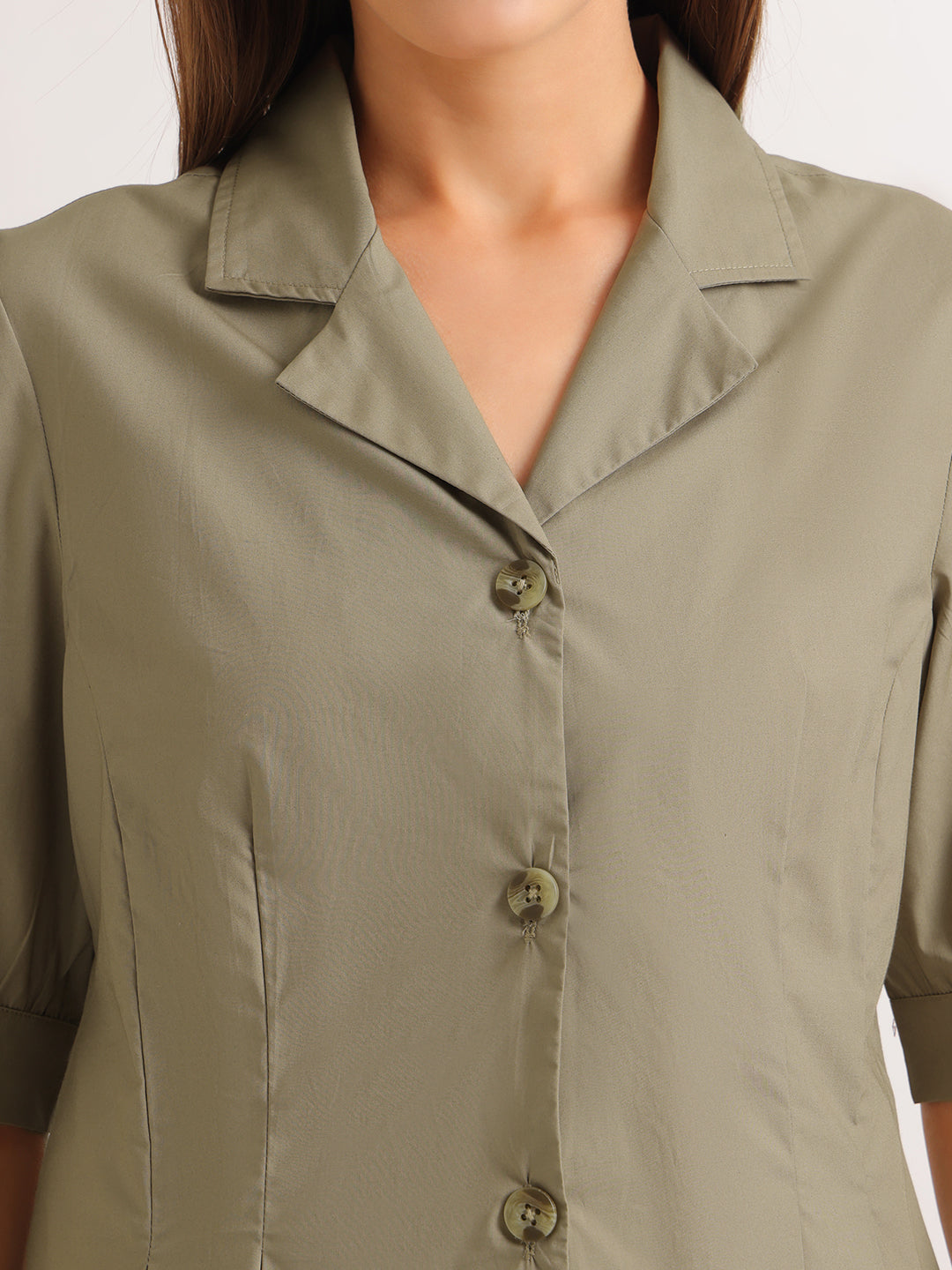 Hancock   Women   Olive   Solids   Pure Cotton   Regular Fit   Formal   Shirt