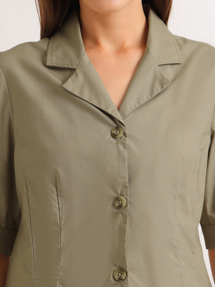 Hancock   Women   Olive   Solids   Pure Cotton   Regular Fit   Formal   Shirt