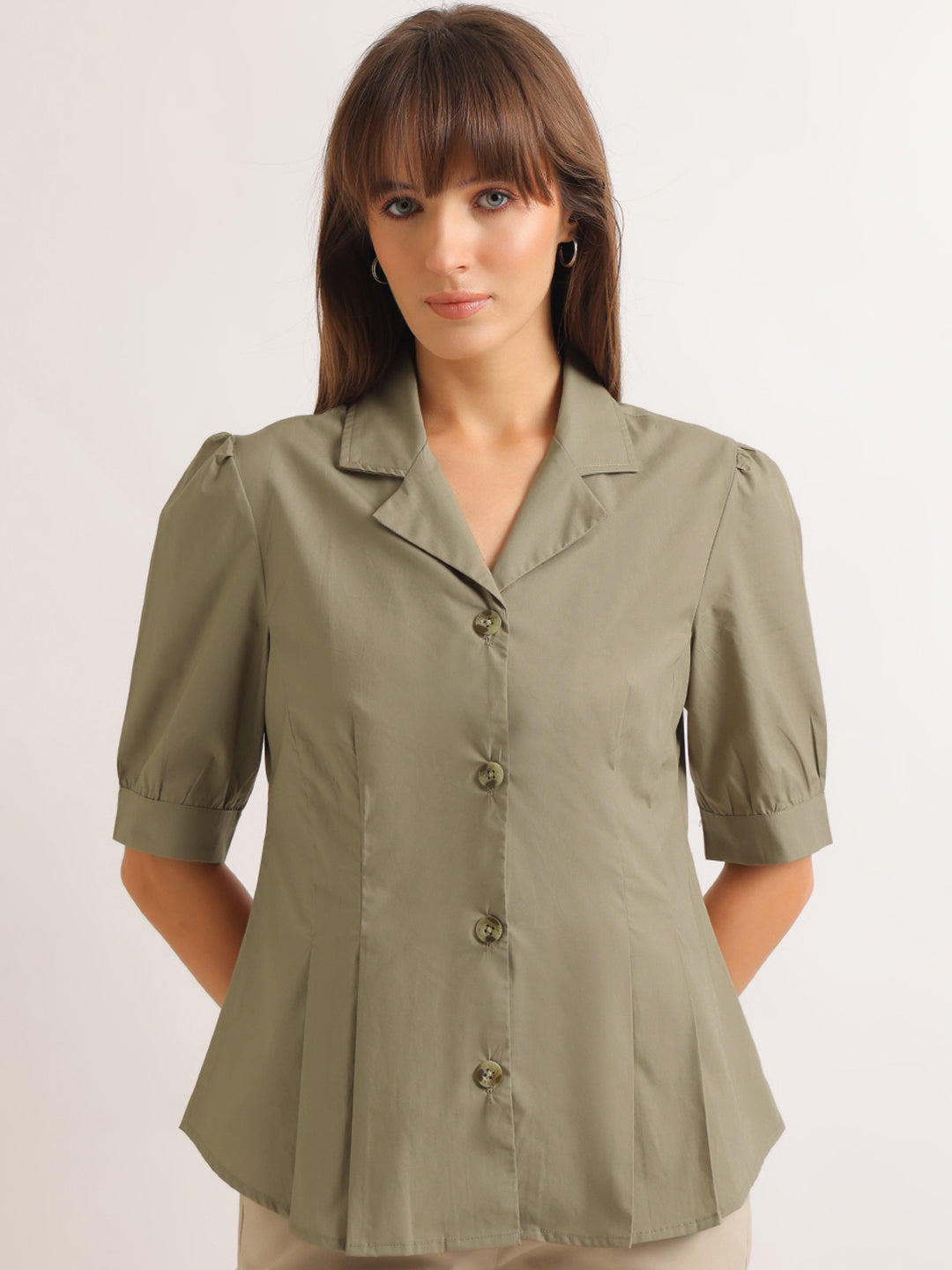 Hancock   Women   Olive   Solids   Pure Cotton   Regular Fit   Formal   Shirt