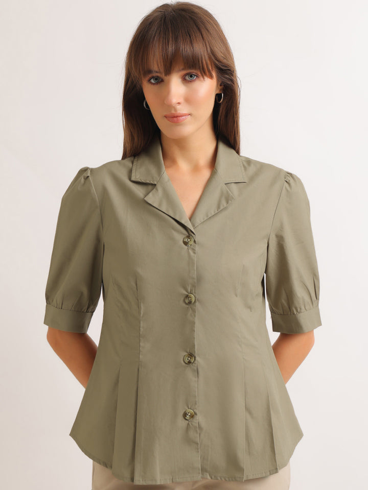 Hancock   Women   Olive   Solids   Pure Cotton   Regular Fit   Formal   Shirt