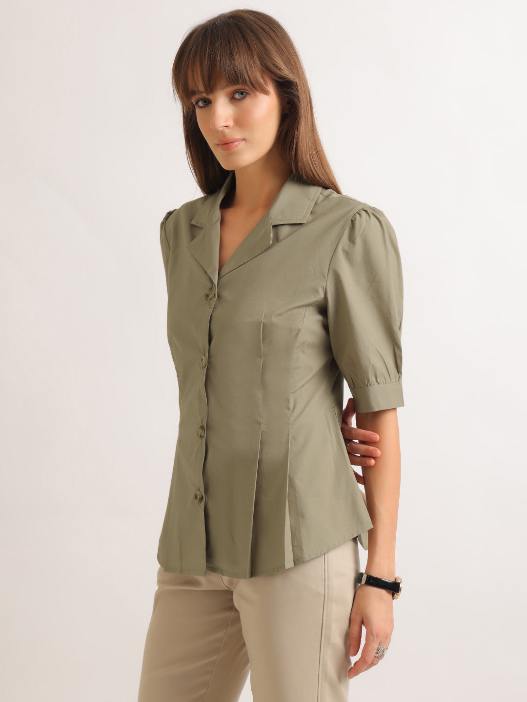 Hancock   Women   Olive   Solids   Pure Cotton   Regular Fit   Formal   Shirt