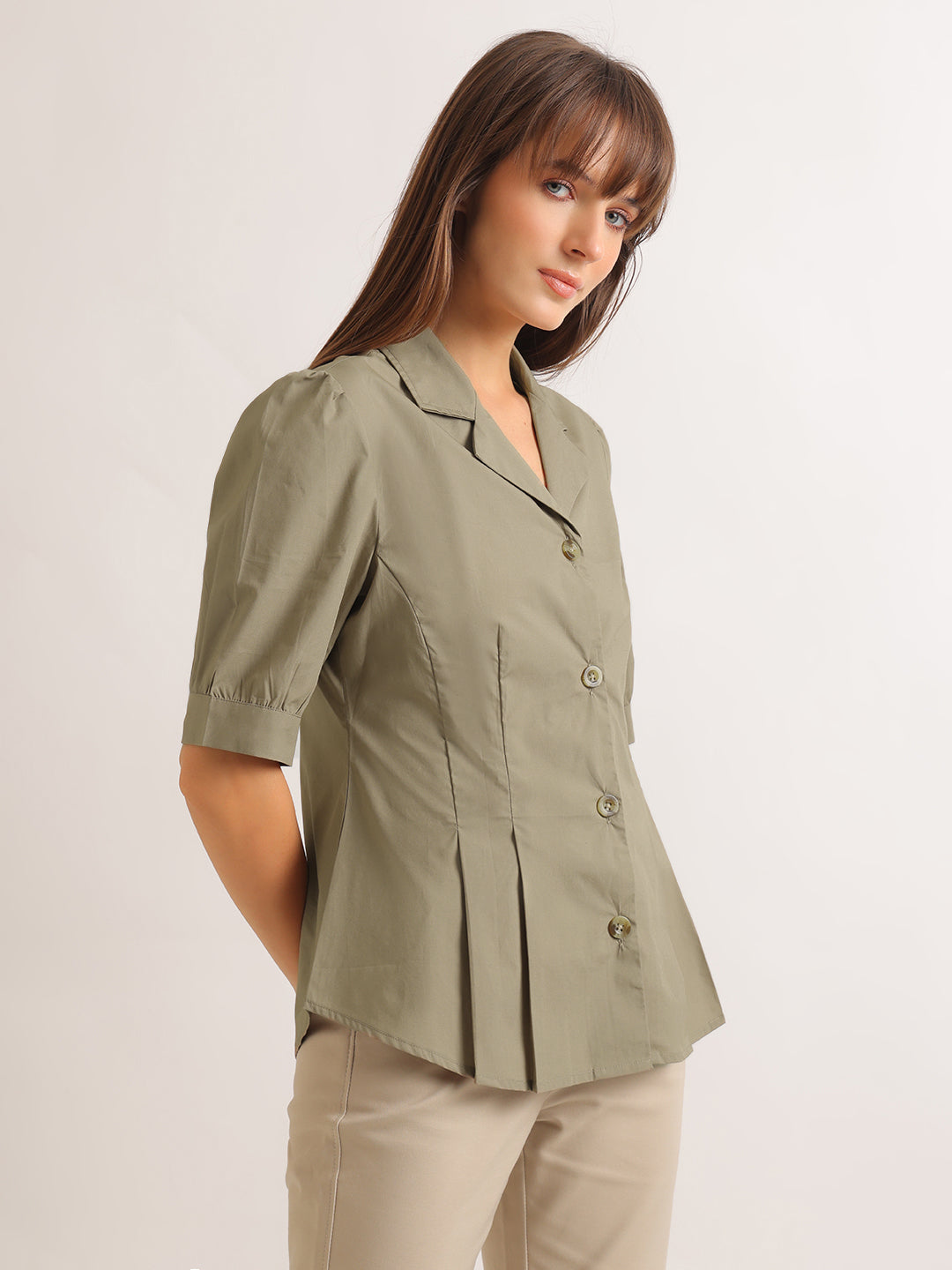 Hancock   Women   Olive   Solids   Pure Cotton   Regular Fit   Formal   Shirt