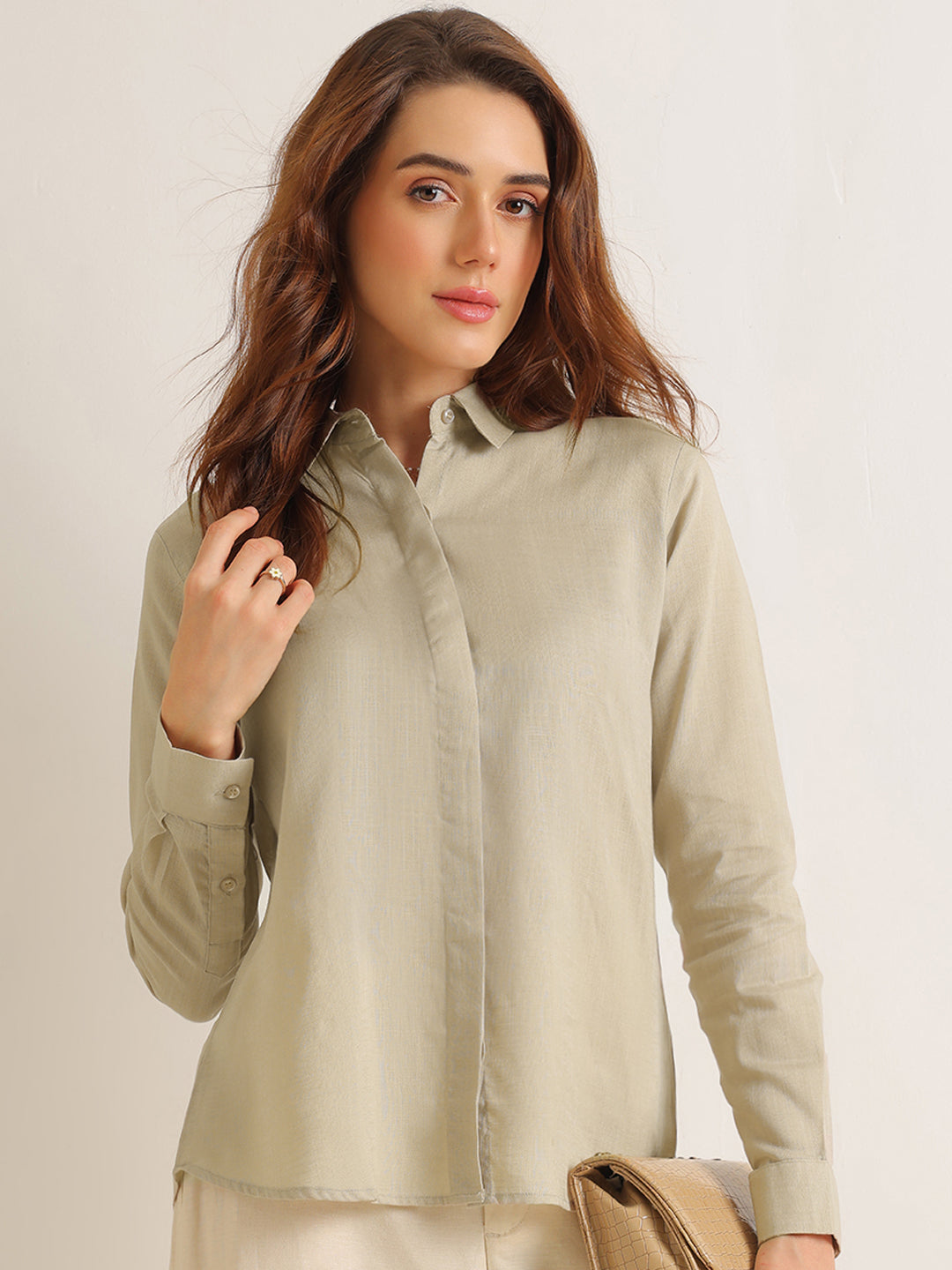 Hancock   Women   Greige   Solids   Lyocell   Regular Fit   Formal   Shirt