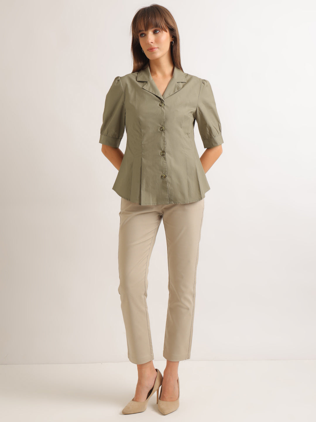 Hancock   Women   Olive   Solids   Pure Cotton   Regular Fit   Formal   Shirt