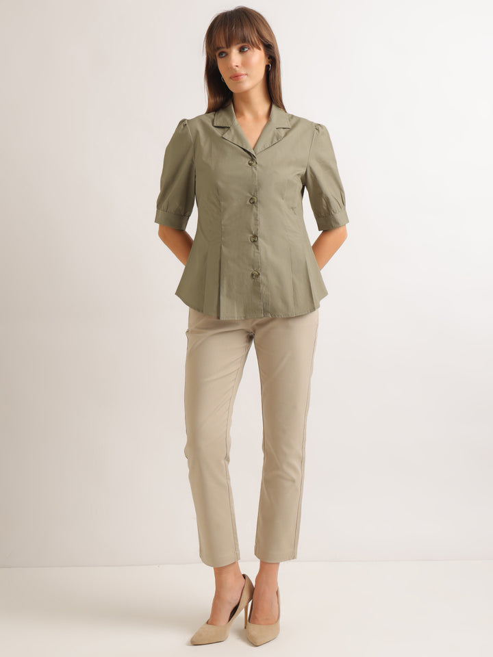 Hancock   Women   Olive   Solids   Pure Cotton   Regular Fit   Formal   Shirt
