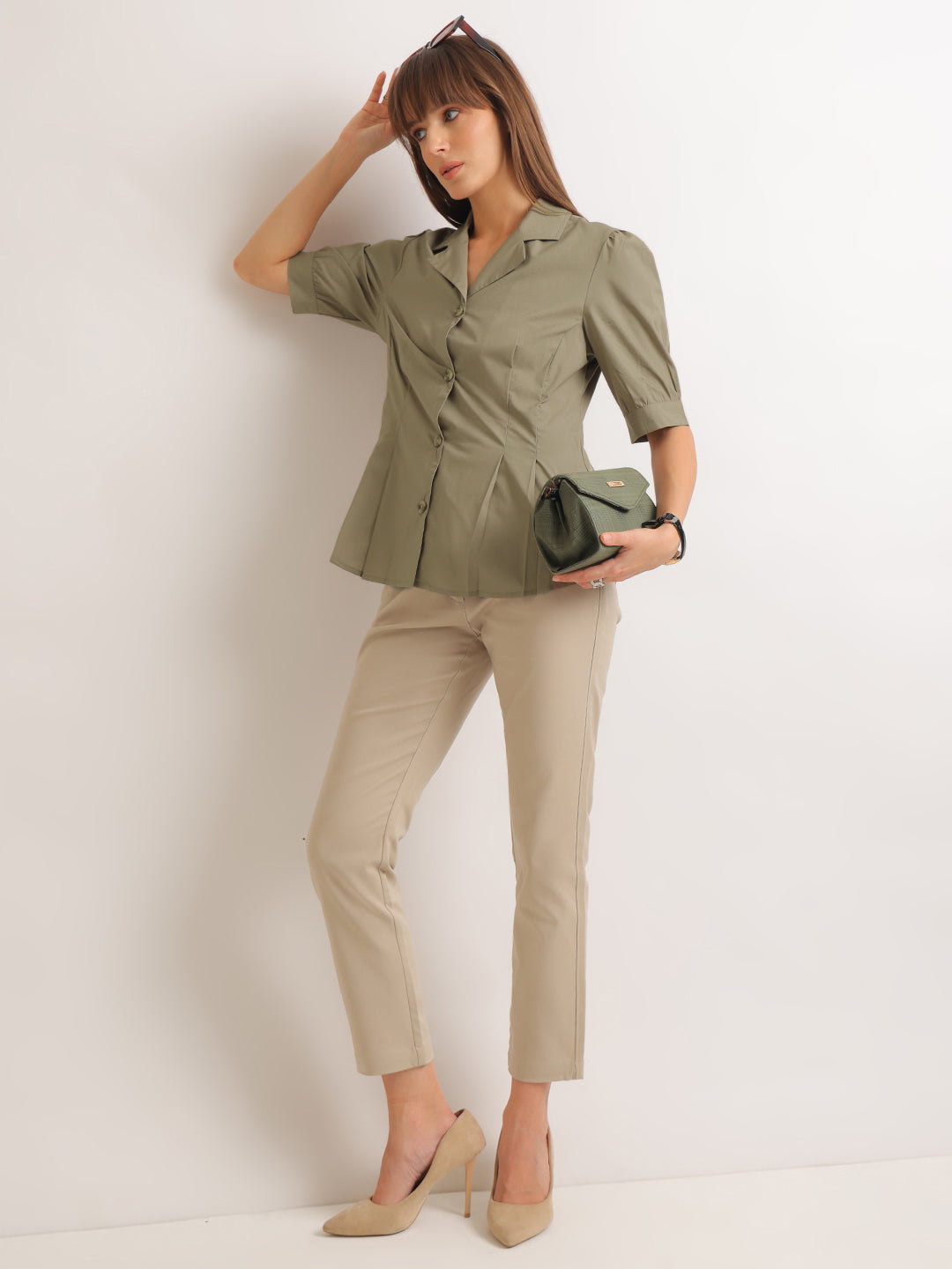 Hancock   Women   Olive   Solids   Pure Cotton   Regular Fit   Formal   Shirt