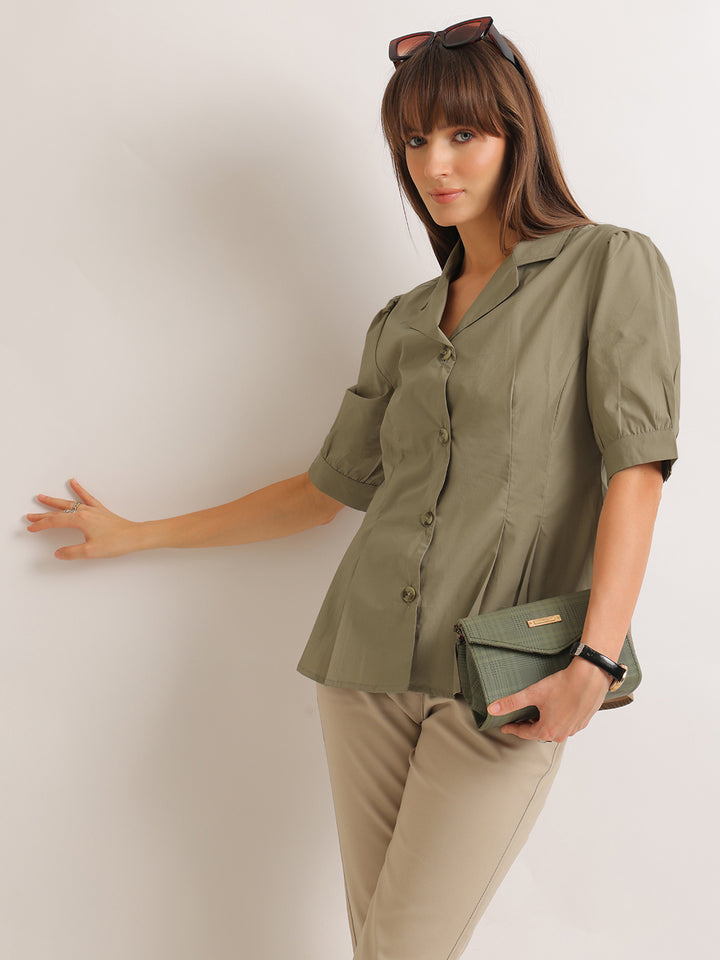 Hancock   Women   Olive   Solids   Pure Cotton   Regular Fit   Formal   Shirt