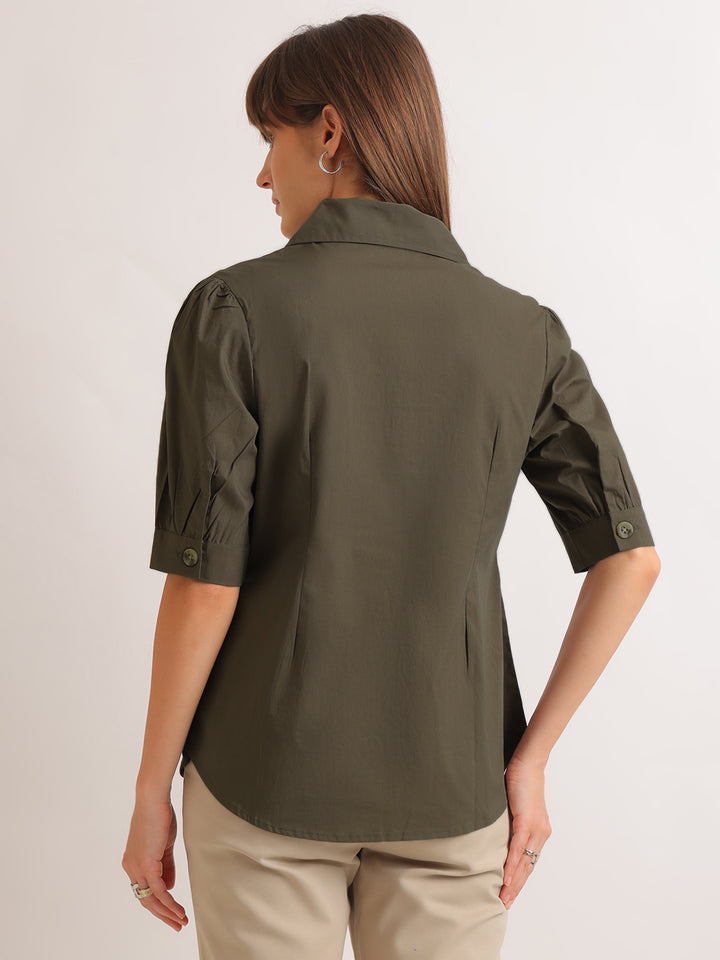 Hancock   Women   Forest Green   Solids   Pure Cotton   Regular Fit   Formal   Shirt