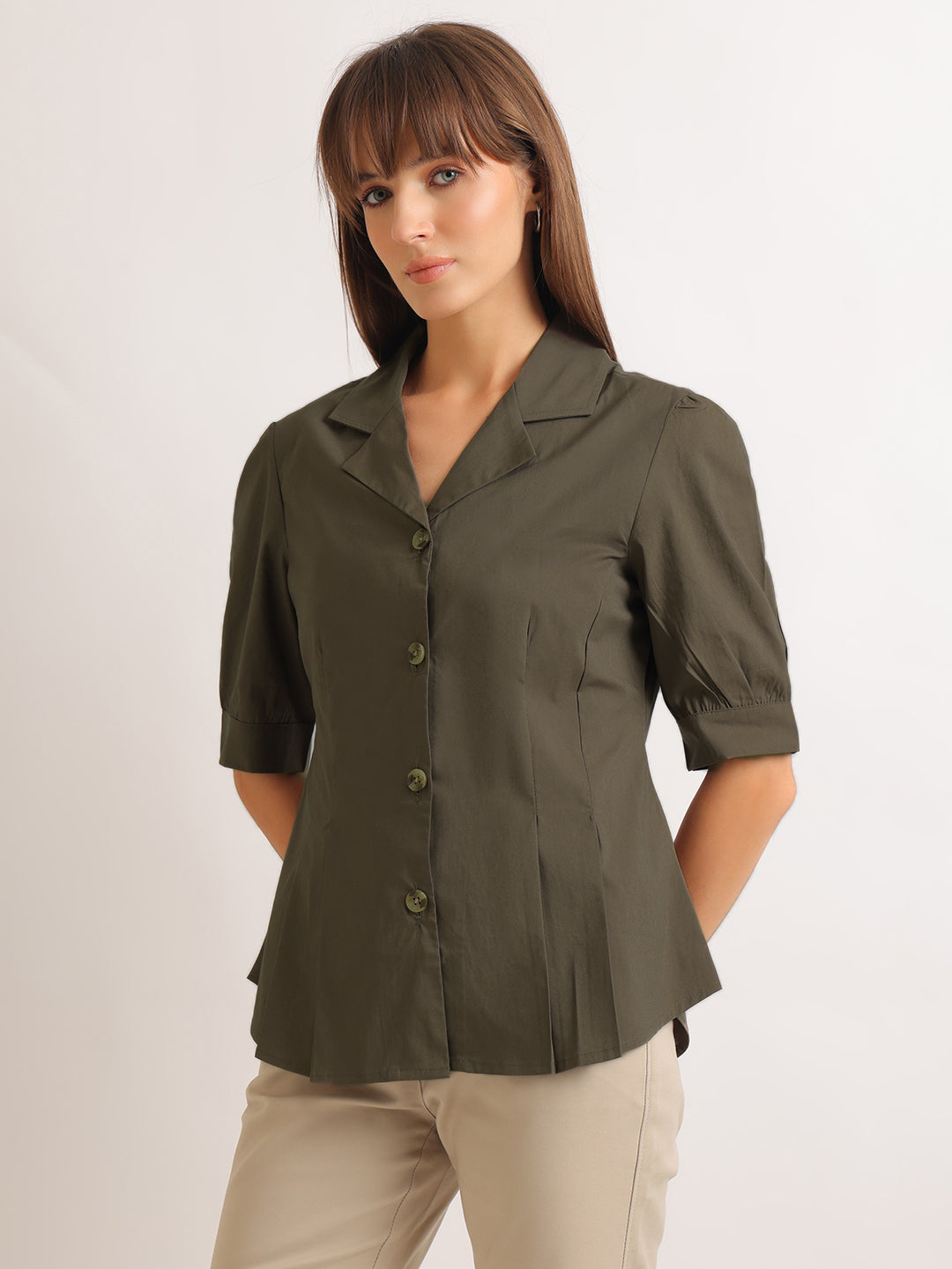 Hancock   Women   Forest Green   Solids   Pure Cotton   Regular Fit   Formal   Shirt