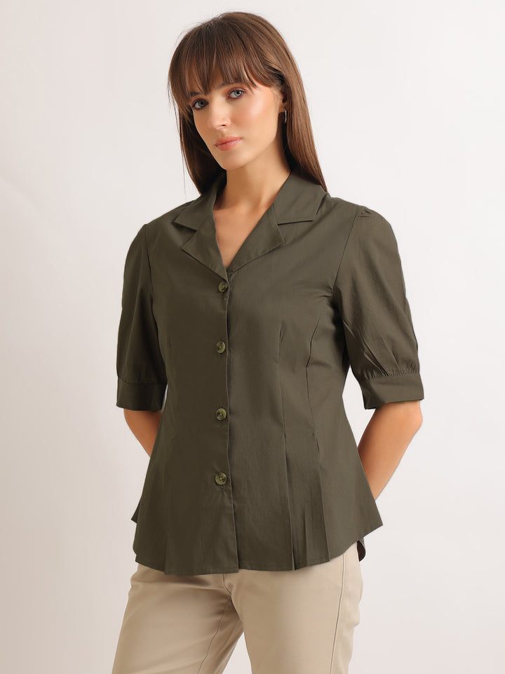 Hancock   Women   Forest Green   Solids   Pure Cotton   Regular Fit   Formal   Shirt