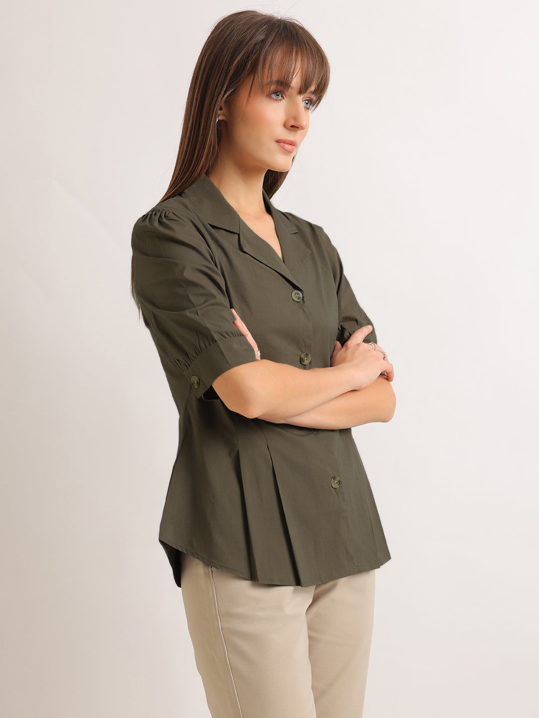 Hancock   Women   Forest Green   Solids   Pure Cotton   Regular Fit   Formal   Shirt