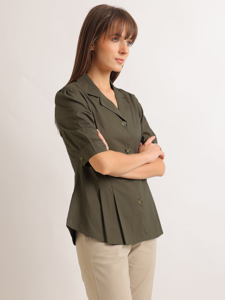 Hancock   Women   Forest Green   Solids   Pure Cotton   Regular Fit   Formal   Shirt
