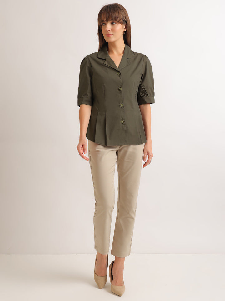 Hancock   Women   Forest Green   Solids   Pure Cotton   Regular Fit   Formal   Shirt