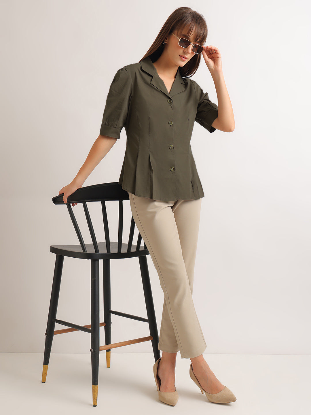 Hancock   Women   Forest Green   Solids   Pure Cotton   Regular Fit   Formal   Shirt