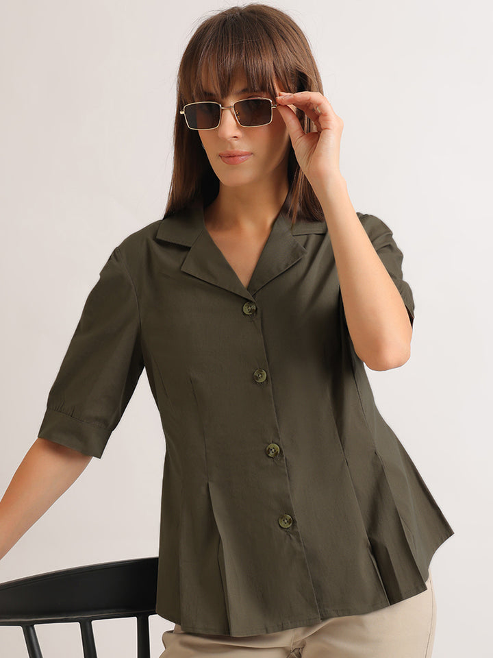 Hancock   Women   Forest Green   Solids   Pure Cotton   Regular Fit   Formal   Shirt