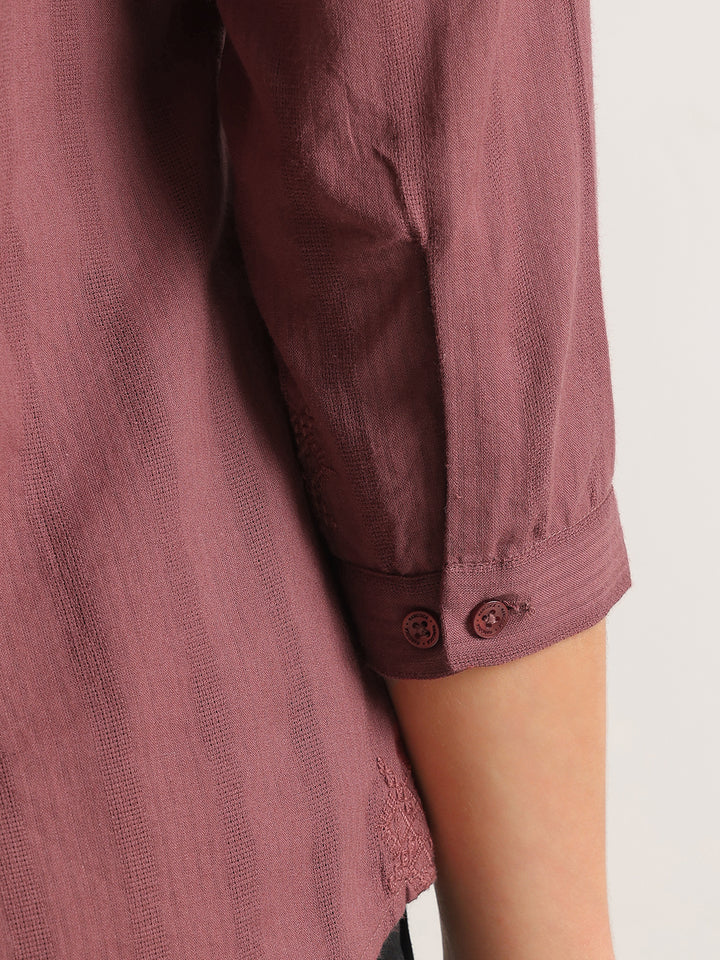 Hancock   Women   Taupe Mauve   Solid Self Design   Pure Cotton   Regular Fit   Formal   Shirt