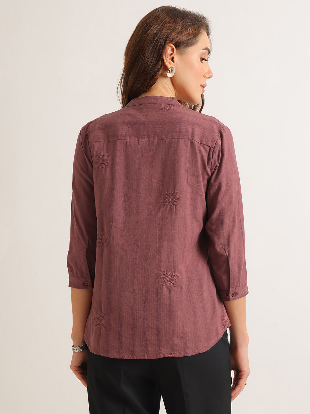 Hancock   Women   Taupe Mauve   Solid Self Design   Pure Cotton   Regular Fit   Formal   Shirt