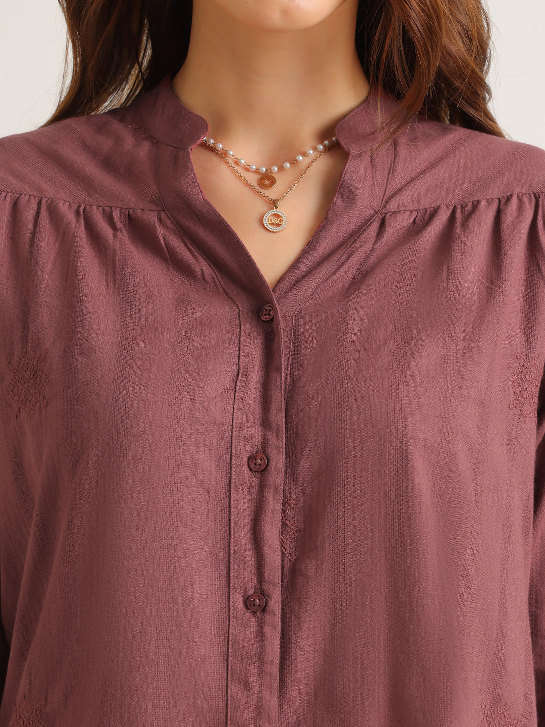 Hancock   Women   Taupe Mauve   Solid Self Design   Pure Cotton   Regular Fit   Formal   Shirt