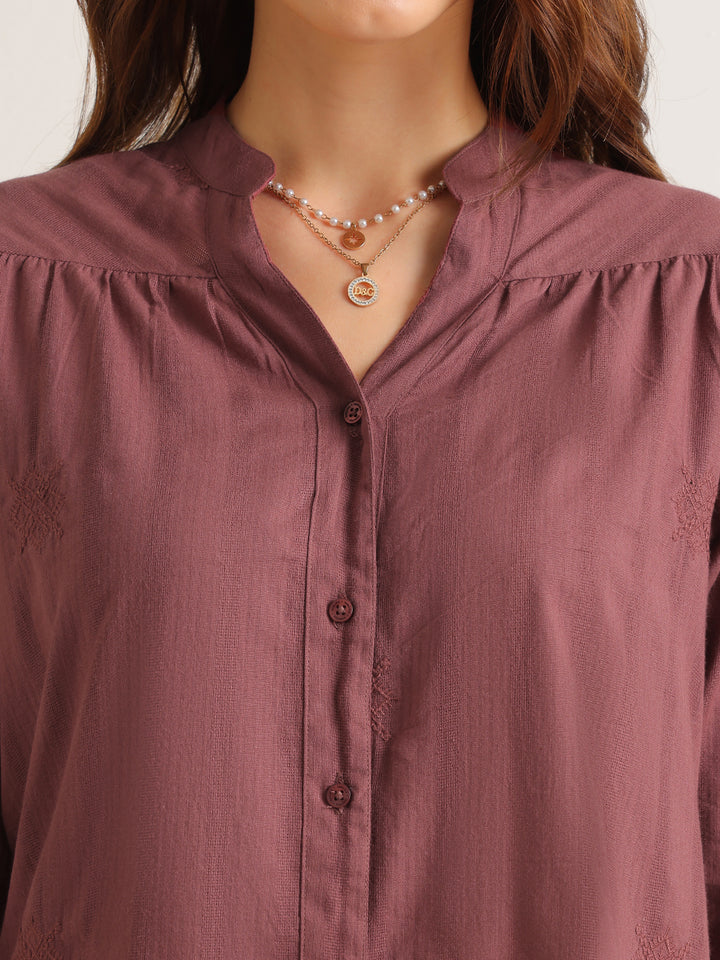 Hancock   Women   Taupe Mauve   Solid Self Design   Pure Cotton   Regular Fit   Formal   Shirt
