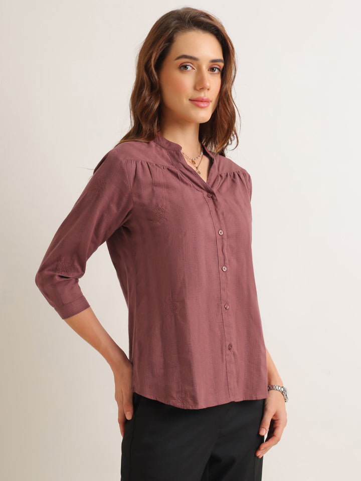 Hancock   Women   Taupe Mauve   Solid Self Design   Pure Cotton   Regular Fit   Formal   Shirt