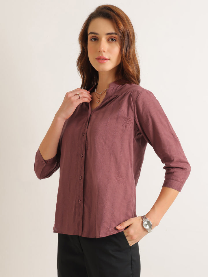 Hancock   Women   Taupe Mauve   Solid Self Design   Pure Cotton   Regular Fit   Formal   Shirt