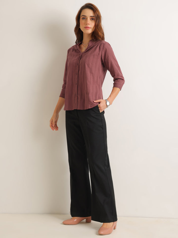 Hancock   Women   Taupe Mauve   Solid Self Design   Pure Cotton   Regular Fit   Formal   Shirt
