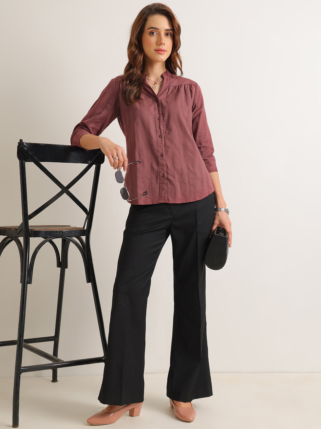 Hancock   Women   Taupe Mauve   Solid Self Design   Pure Cotton   Regular Fit   Formal   Shirt