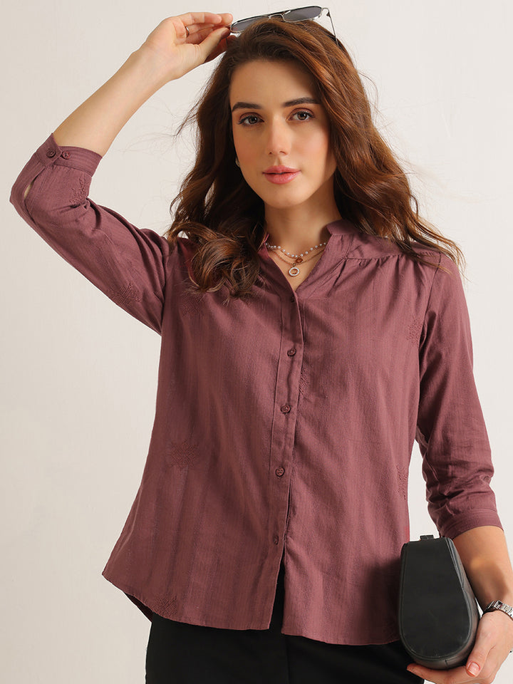 Hancock   Women   Taupe Mauve   Solid Self Design   Pure Cotton   Regular Fit   Formal   Shirt