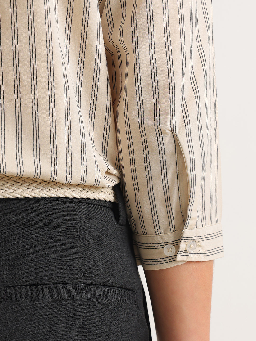 Hancock   Women   Beige & Black   Stripes   Cotton Elastane   Regular Fit   Formal   Shirt