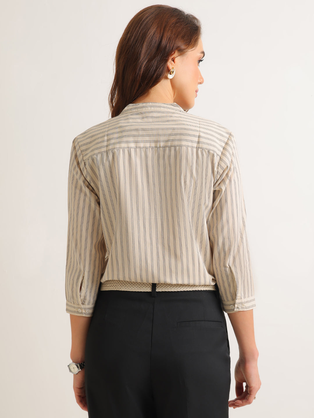 Hancock   Women   Beige & Black   Stripes   Cotton Elastane   Regular Fit   Formal   Shirt