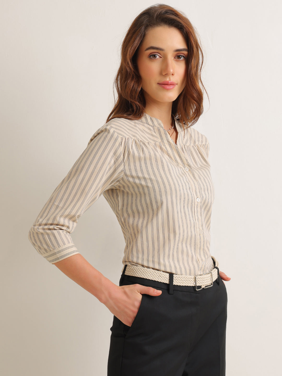 Hancock   Women   Beige & Black   Stripes   Cotton Elastane   Regular Fit   Formal   Shirt