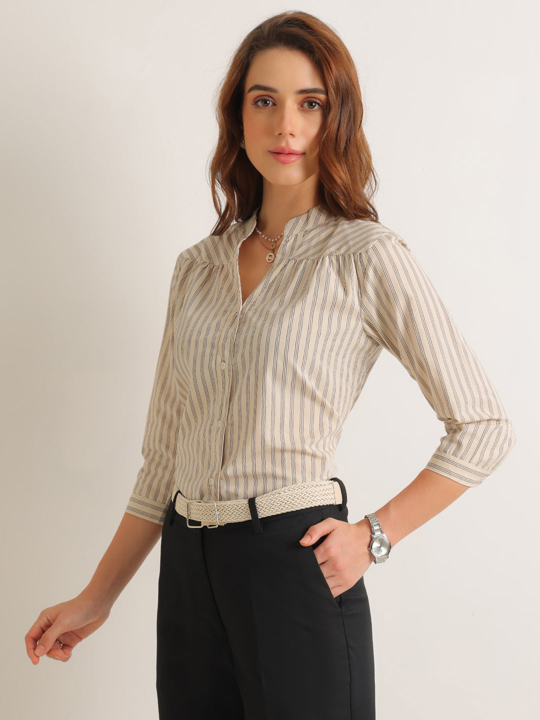 Hancock   Women   Beige & Black   Stripes   Cotton Elastane   Regular Fit   Formal   Shirt