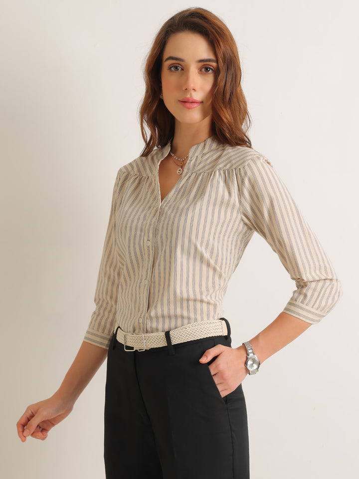 Hancock   Women   Beige & Black   Stripes   Cotton Elastane   Regular Fit   Formal   Shirt