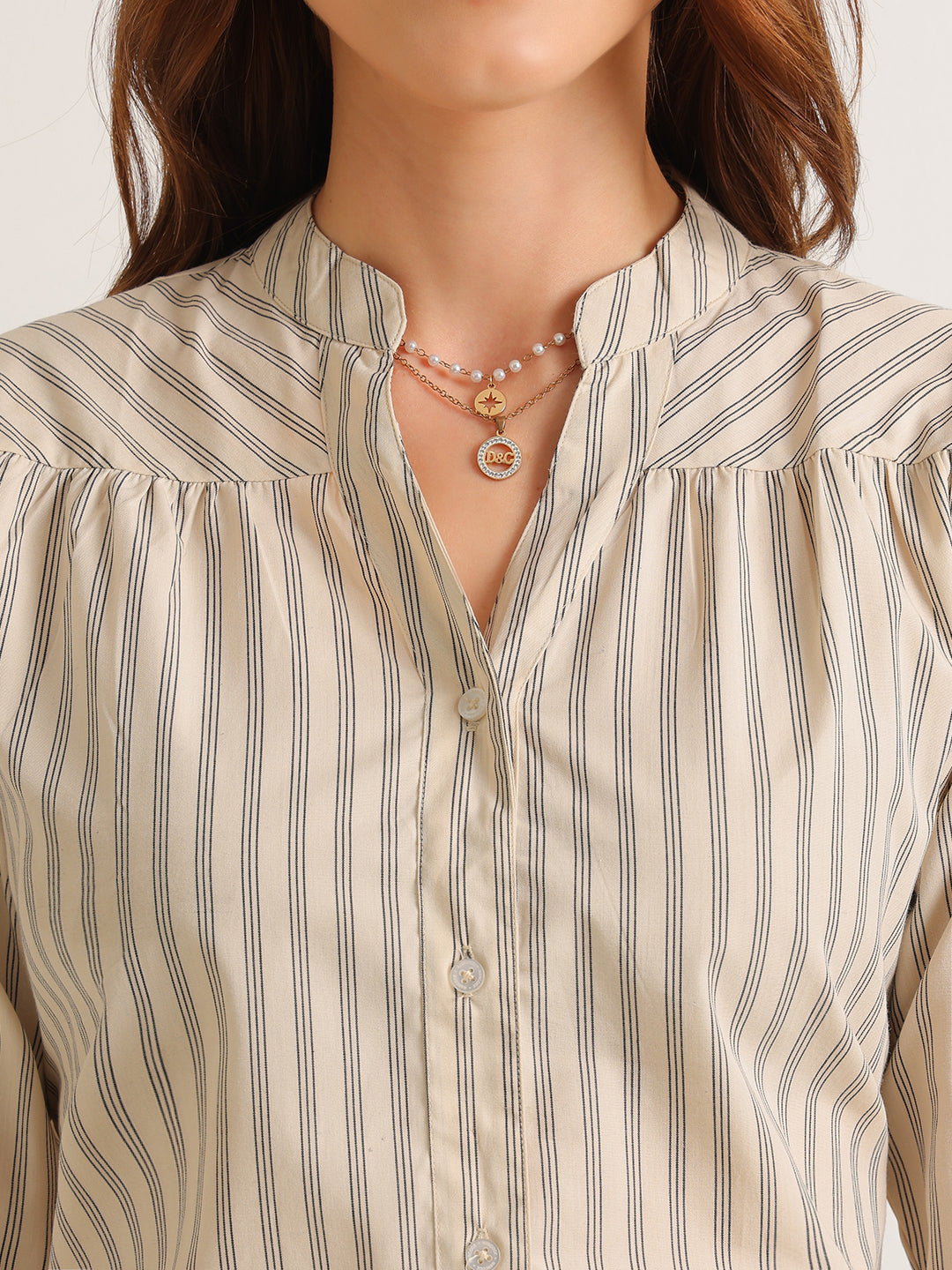 Hancock   Women   Beige & Black   Stripes   Cotton Elastane   Regular Fit   Formal   Shirt