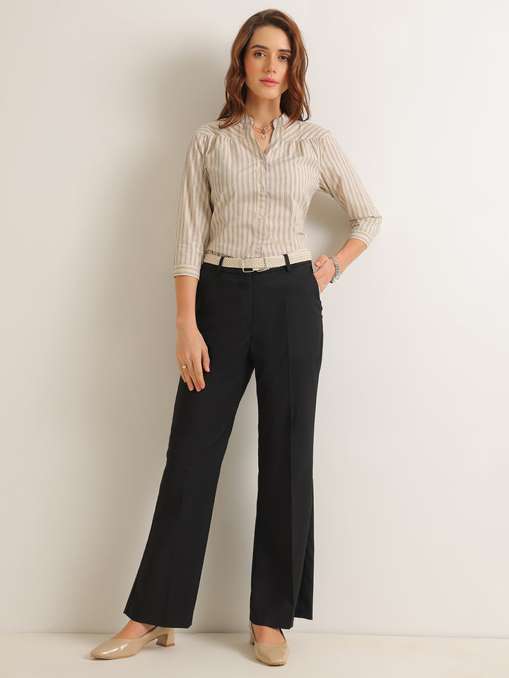 Hancock   Women   Beige & Black   Stripes   Cotton Elastane   Regular Fit   Formal   Shirt