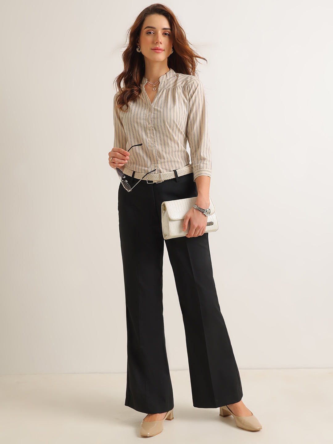 Hancock   Women   Beige & Black   Stripes   Cotton Elastane   Regular Fit   Formal   Shirt