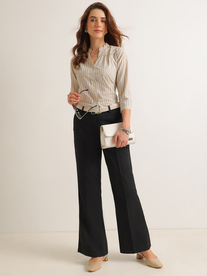 Hancock   Women   Beige & Black   Stripes   Cotton Elastane   Regular Fit   Formal   Shirt
