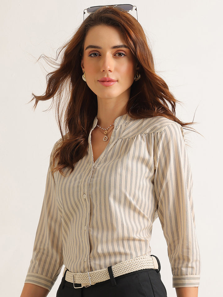 Hancock   Women   Beige & Black   Stripes   Cotton Elastane   Regular Fit   Formal   Shirt