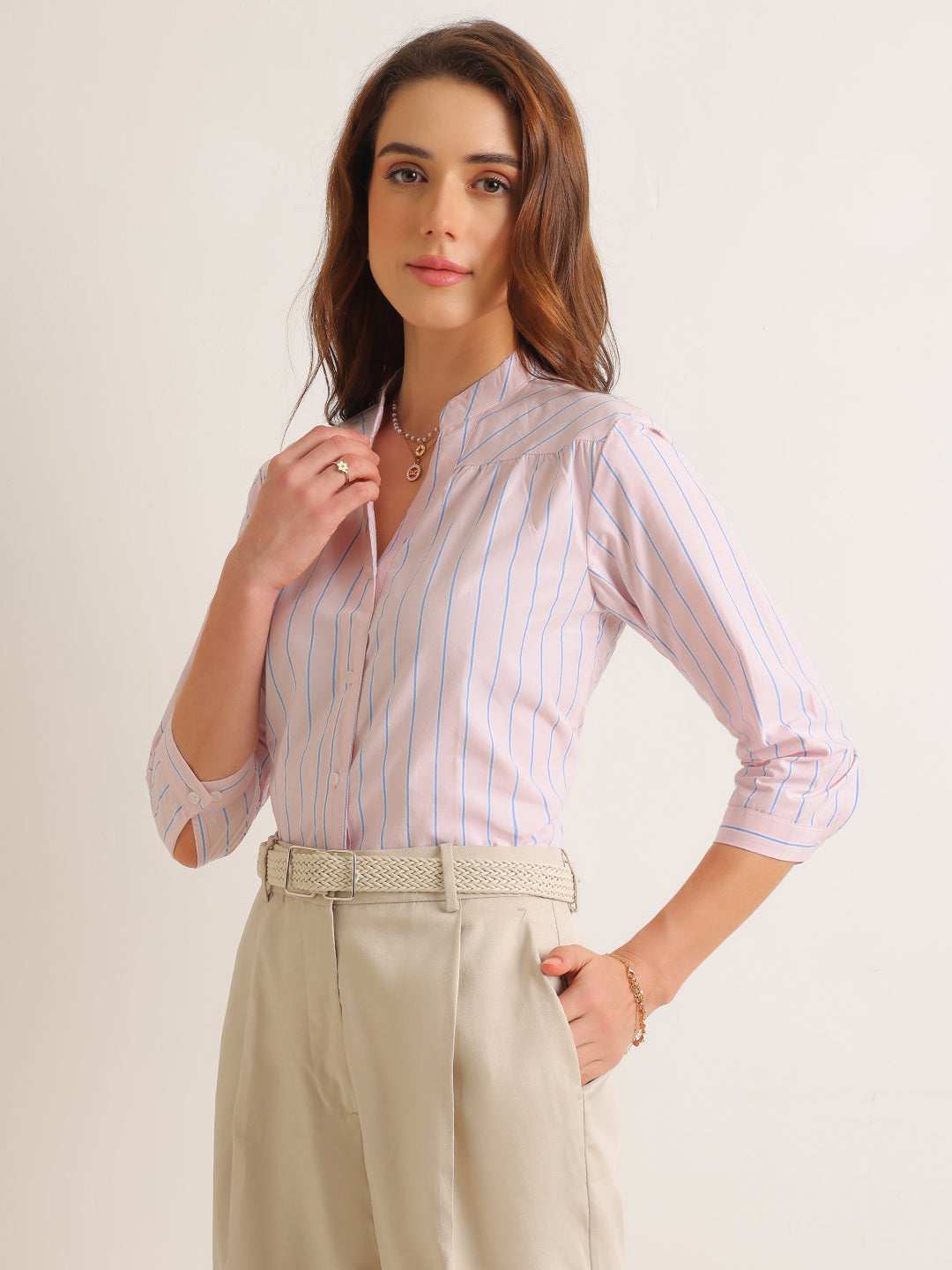 Hancock   Women   Pink   Stripes   Pure Cotton   Regular Fit   Formal   Shirt