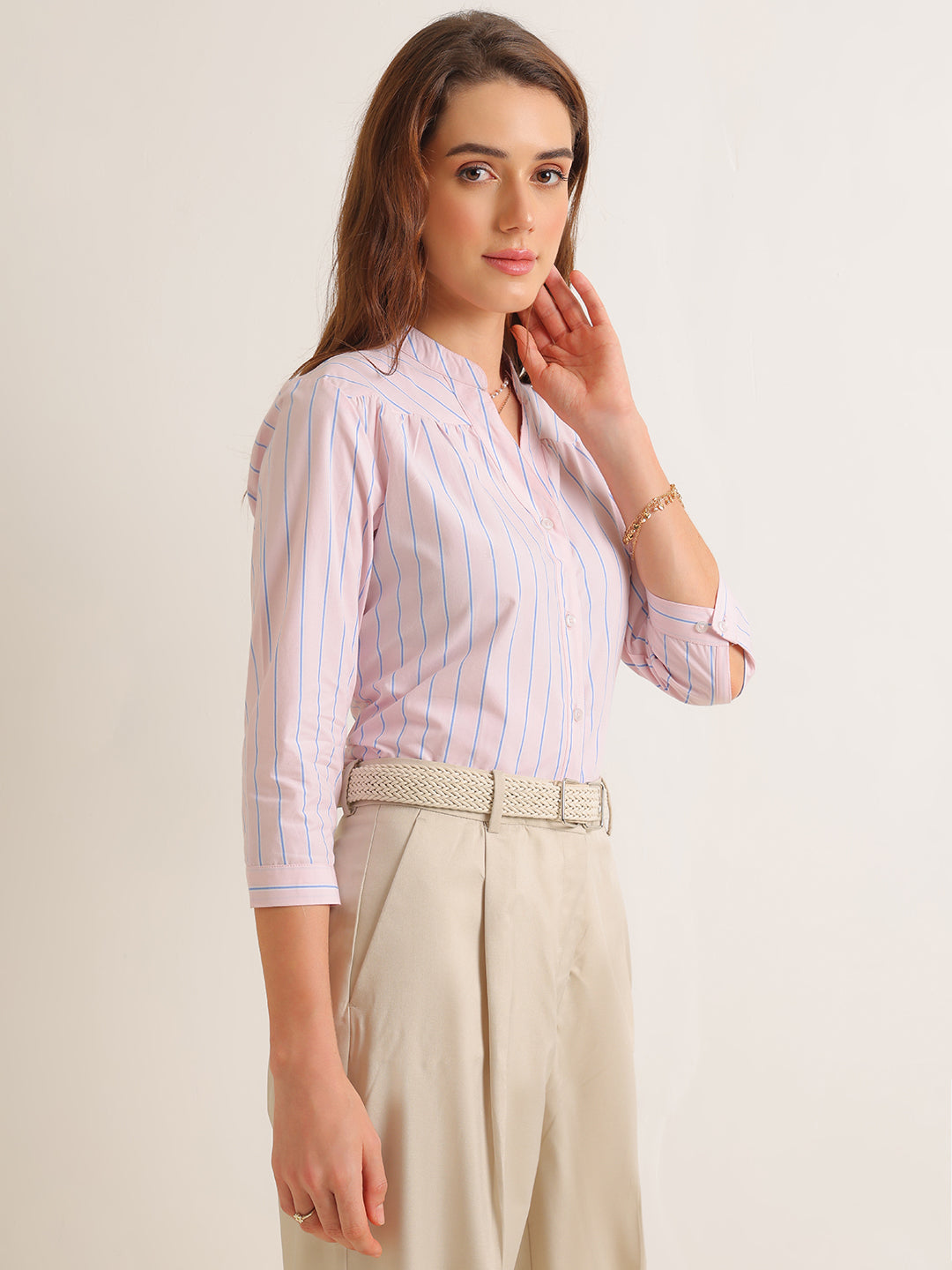 Hancock   Women   Pink   Stripes   Pure Cotton   Regular Fit   Formal   Shirt